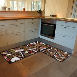 Kuizee Kitchen Mat Set of 2 Pieces Anti Fatigue Rugs Watercolor Botanical Dark Red Mushrooms Soft Water Absorbent Non-Slip Standing Mats Kitchen Decor Floor,17.7"x 29" +17.7"x58"
