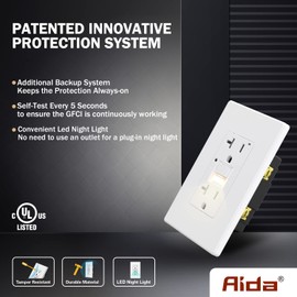 AIDA 20 Amp GFCI Outlet, Self-Test Nightlight Electrical Outlet, Tamper-Resistant Receptacle with LED Indicator, Ground Fault Circuit Interrupters, Wall Plate Included, UL Listed (1 Pack, Matte White)