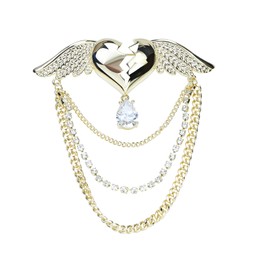 VVCome Beating Heart with Angel Wings Brooch Lapel Pin Tassel Collar Pin Crystal Love Heart Brooch Badge (Gold)