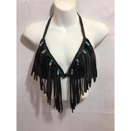 TRD Leather Black Deerskin Bikini Top With Fringes And Beads Sm-lg