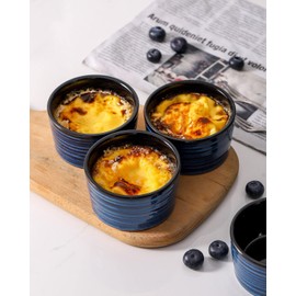Hasense 6 oz Ramekins for Baking,Ceramic Souffle Dish Oven Safe Set of 6,Porcelain Dipping Sauce Bowls for Pudding, Creme Brulee, Souffle, Serving Dip, Custard, Ice Cream(Blue)