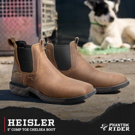 PHANTOM RIDER Heisler 5" Composite Toe Wide Square Toe Romeo Mens Work Boots Oil Slip Resistant Leather Upper Safety Pull On, Brown - 9 2E