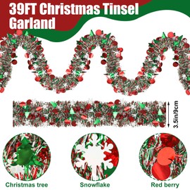 39ft Christmas Tinsel Garland Decorations Xmas Tree Glitter Metallic Twist Garland with Snowflake Hanging Decor for Mantel Stairs Home Indoor Outdoor Party Supplies
