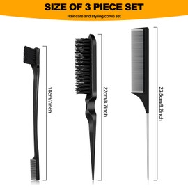 Soodyoow Pack of 3 Sleek Bun Brush, Black Sleek Braid Brush, Edges Brush with Double Edge Brush, Toupee Brush and Pointed Tail Comb for Hairdresser Women Children