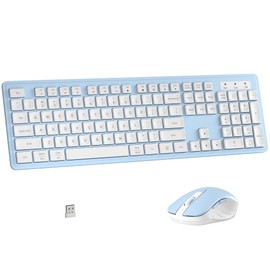 MPTOG Wireless Keyboard and Mouse Combo, Full-Size 104-Key Office Keyboard with 15 Function Keys, Numeric Keypad, Single USB Receiver, Compatible with PC and Laptop(Blue White)