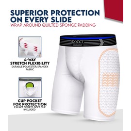 Exxact Sports - Pantalones cortos de compresión para jóvenes con acolchado de espuma en relieve en los lados, con copa atlética ligera con plástico duro, béisbol, fútbol, lacrosse, artes marciales mixtas (blanco, XL juvenil)