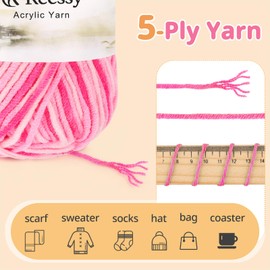 Reessy 225g Knitting Wool Acrylic Yarn Crochet Yarn Set, Super Soft 5 Ply Wool for Crochet Knitting and Crafts, 5 x 45g Crochet Yarn for Amigurumi Projects Handcrafts-Pink