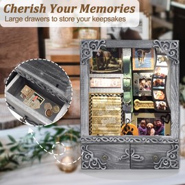 KWYADLUO 11x16 Shadow Box Frame with Light, Memorial Display Case with Shelves, Drawer and Slot for Keepsakes,Large Deep Shadow Box for Flowers and Pet Memorial,Grey