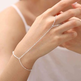 Jascatin Simple Hand Chain Beaded Finger Ring Bracelet Layered Metal Chain Retro Slave Bracelets Boho Jewelry for Women and Girls (Silver)