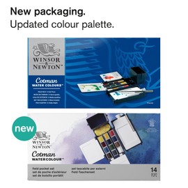 Winsor & Newton Cotman Watercolor Paint Set, Field Pocket Set, 12 Half Pan w/ Brush, Sponge, Bottle