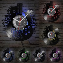 Timethink 12'' Music Guitar Wall Clock 7 Color Changing, Electric Guitar Vinyl Wall Clock LED Night Light Music Instrument Rock N Roll Wall Clock Watch Silent Movement Music Wall Decor for Music Lover