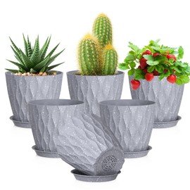 Meowell Meowell 5 inch Plant Pots for Indoor Outdoor Plants, 6 Pack Thick Flower Pots with Drainage Holes and Saucers, 3D Modern Wave Texture Small Plastic Planters Nursery Pots, Speckled Grey
