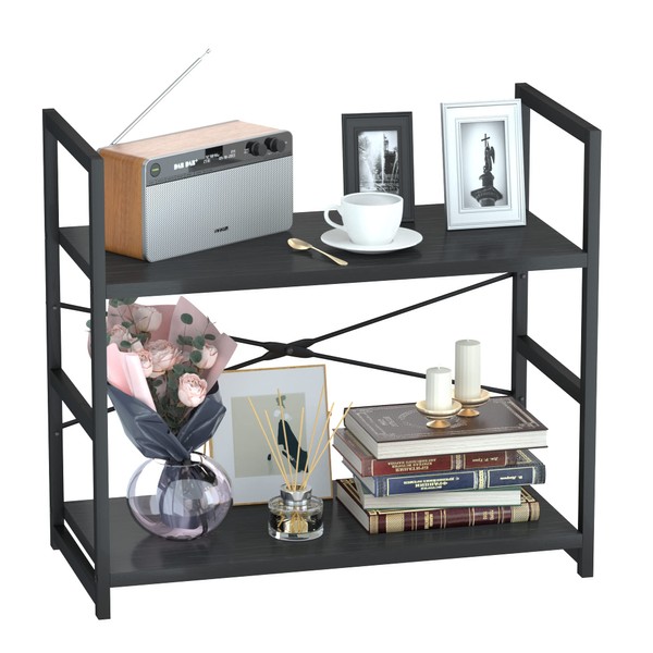 NUMENN 2 Tier Bookshelf, Bookcase Shelf Storage Organizer, Modern Book Shelf for Bedroom, Living Room and Home Office, Black