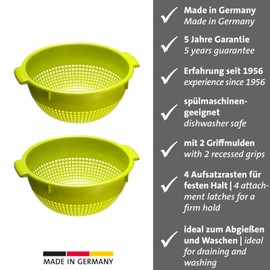Westmark Colander - Two large colanders with 2 recessed grips and 4 attachment catches for washing and draining - apple green, plastic, diameter 24 cm