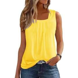 Ruffled Square Collar Casual Tank Summer Casual Fashion Camping Seaside Party Sleeveless Tank Women's Mother top Vest(Large,Yellow)
