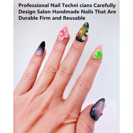 CAMILCY Press on Nails Handmade Nails Luxury Reusable Fake Nails For Girls Short Almond Armor Black Pink Diamonds HandPainted Salon Loveful Design Acrylic Gel UV Finished For Women 3D Nails 10PCS M