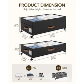 Megapuxin Under Bed Storage with Wheels, 72L XXL Large Underbed Storage Containers, 11 inches Height Under Bed Shoe Bins with Clear Lids, Rolling for Shoes, Clothes, Blankets, 2 Packs Black