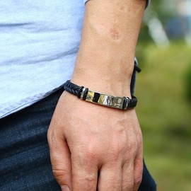 ROYNRAU God is in Control Bracelet for Men Women, Inspirational Braided Leather God Cross Engraved Bar Bracelets Stainless Steel Motivational Encouragement Jewelry Gift for Easter Birthday (Black)