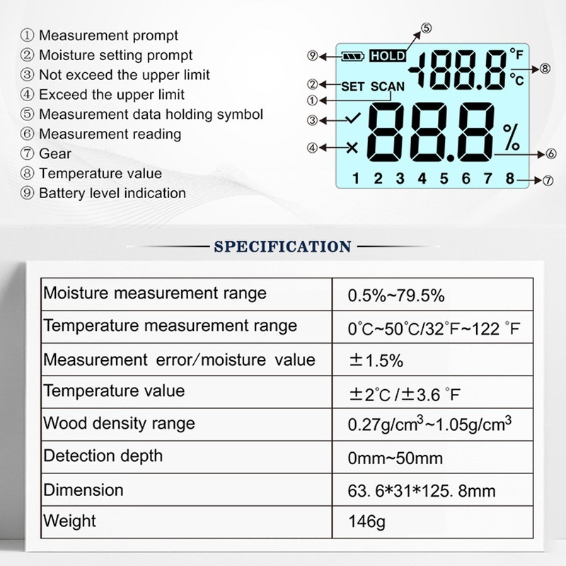 WT630 Wood Moisture Meter Pinless Induction 8 Levels Adjustment Multifunction