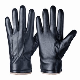 Alepo Winter PU Leather Gloves for Men, Warm Thermal Touchscreen Texting Typing Dress Driving Motorcycle Gloves with Wool Lining (Navy-M)