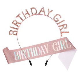 Lorzot Birthday Sash for Women, Glitter Rose Gold Birthday Girl Sash and Birthday Tiara for Women, Rhinestone Birthday Girl Crown, Princess Girl Women Birthday Party Decoration Accessories