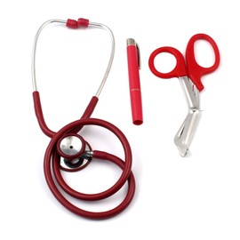 AAProTools Red Stethoscope Adult And Pediatric Stethoscope Plus Red Emt Shear And Penlight - Ideal Gift For Emt, Nurse, Doctor, Student, Paramedic And First Responders A+ Quality