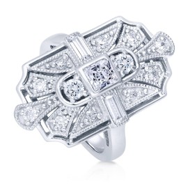 BERRICLE Sterling Silver Vintage Inspired Art Deco Cubic Zirconia CZ Statement Milgrain Cocktail Fashion Ring for Women, Rhodium Plated