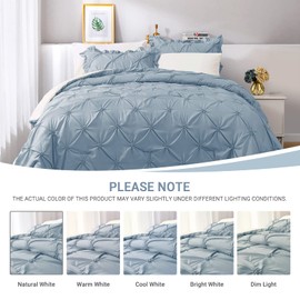 JOLLYVOGUE Light Blue/Ivory Cal King Size Comforter Sets 7 Pieces, Pintuck Bed in a Bag Comforter Set for Bedroom, Bedding Comforter Sets with Comforter, Sheets,Ruffled Shams & Pillowcases