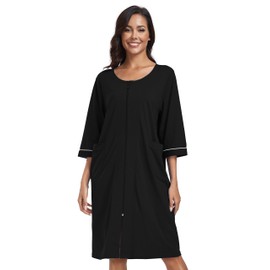 COLORFULLEAF Women's Bathrobe with Zip Lightweight Dressing Gown 100% Cotton House Coat 3/4 Sleeve Nightdress with Pockets, black