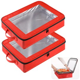 OUTXE 2 Pack 9x13 in Foil Pan Carrier with Lid, PU Leather Foil Pan Holder with Handle, Serving Tray for Food, Stackable Aluminum Pan Holder, for Travel, Potlucks, Parties, BBQ, Picnics, Home (Red)