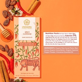 Elements Truffles Spicy Cayenne Chocolate Bar w/Cinnamon - Heavy Metal Tested-Dairy Free Chocolate Bars - Paleo, Gluten Free, Non-GMO, Raw, Organic - Ayurveda Inspired Healthy Chocolate Bar -4 Pack
