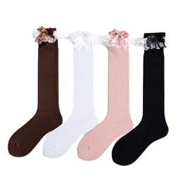 CAT KO Women Soft Knee High Socks Lovely&Cute Solid color Lace Ruffle Bow Girls socks for Lolita (4 Pairs)