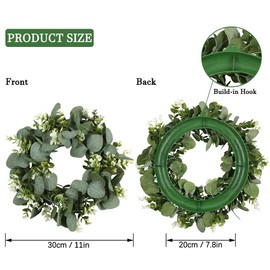 FULANDL 2PCS Artificial Eucalyptus Wreath, 11" Faux Green Leaves Wreath Farmhouse Greenery Wreath, Round Eucalyptus Wreath Outdoor Green Garland for Front Door Wall Hanging Window Decor