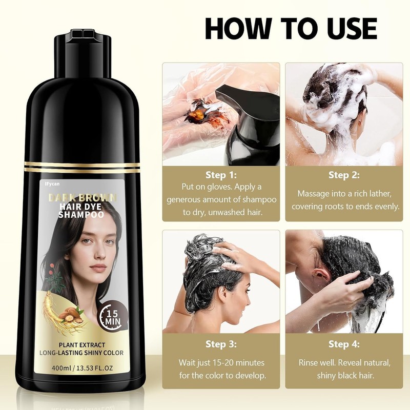 Dark Brown Hair Dye Shampoo - 100% Gray Coverage, Ammonia