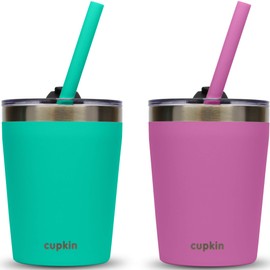 Stackable Stainless Steel Toddler Cups With Straws for Kids (EASY to Clean) - Set of 2 Powder Coated Vacuum Insulated Tumblers, 2 Non BPA Lids & 2 Reusable Silicone Straws (Green + Pink, 8.5 OZ)