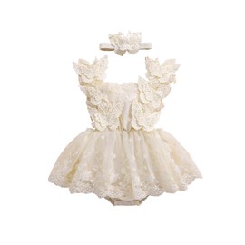 Himllauen Baby Girl Romper Dress Lace Mesh Embroidery Sleeveless Jumpsuit Newborn Baby Casual Romper with Headband for Baby Girls 0-24 Months (Khaki, 3-6 Months)