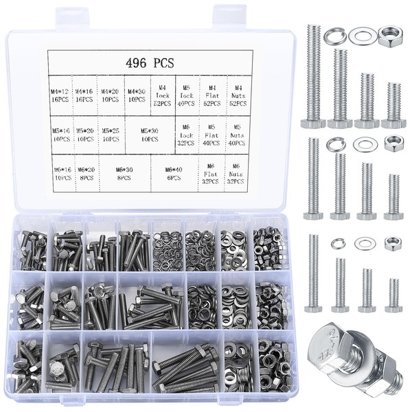 Hex Bolts and Nuts and Washers Assortment Kit, 496 Pcs