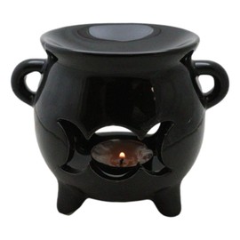 Ebros Gift Wicca Witchcraft Triple Moon Ceramic Black Cauldron Essential Oil Burner Warmer Tea Light Candle Heat Source Holder and Shadow Silhouette Light Caster Home Aromatherapy Accessory