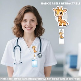 Cute Giraffe Badge Reel for ID Card, Funny Giraffe Animal Retractable Nurse Alligator Clip Badge Reel for Women and Man, ID Name Tag Badge Holder for Office School Hospital Nurses Doctors Teachers