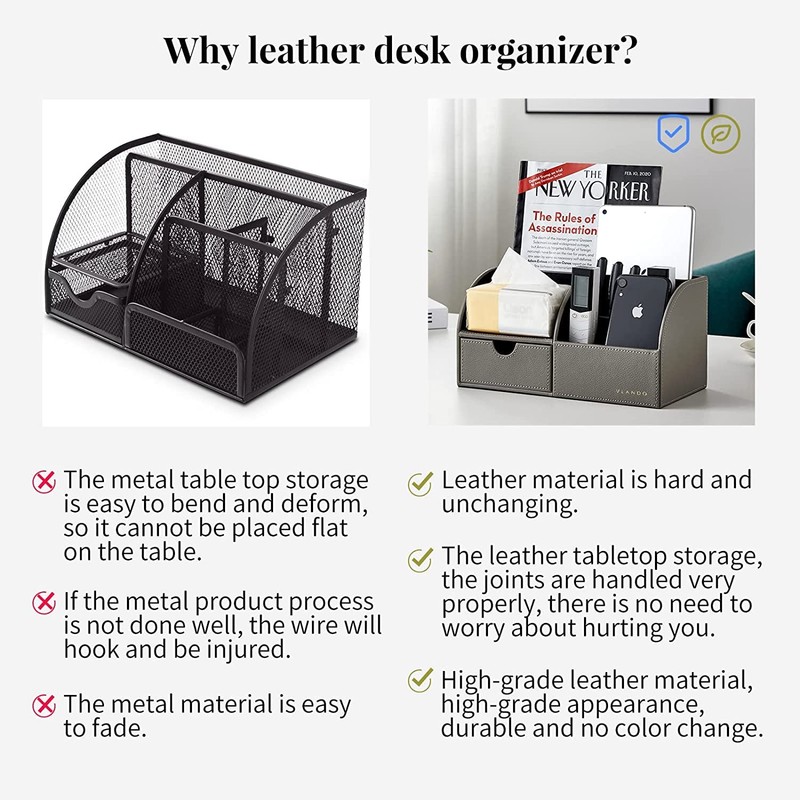Vlando Desk Organiser with Drawer, Leather Office Stationery Desk Tidy