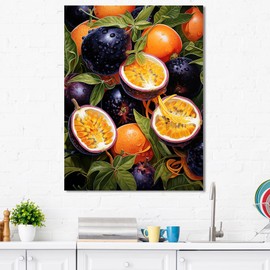 DesignQ Large Fruits Wall Art, Passionfruit Pulse In Electric Ebony, Fruits Wall art decor, Orange Canvas wall art, 24x32 inches