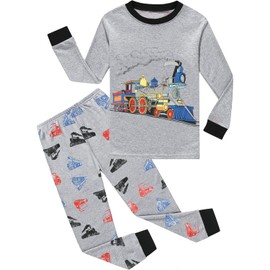 Little Hand Boys Pyjamas Long Sleeve Autumn Winter Children's Digger Sleepwear Off-Road Vehicle Hook Machine Fire Engine Pyjamas 1-7 Years, 3-Grey Train