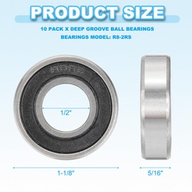 PATIKIL R8-2RS Deep Groove Ball Bearing 1/2" x 1-1/8" x 5/16", 10 Pack Double Rubber Sealed Miniature Bearings for Electric Motor Industrial Machine, Black&Silver