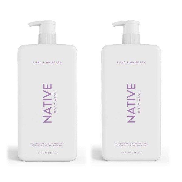Native Body Wash for Women, Men | Sulfate Free, Paraben Dye with Naturally Derived Clean Ingredients, 36 oz bottle pump- 2 Pack (Lilac & White Tea) 72 Fl Oz