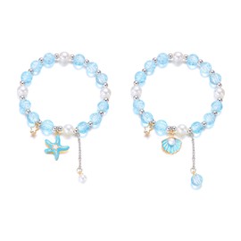 Rrdaily 2Pcs Matching Starfish Shell Bracelets for Daughter Friends Cute Crystal Beads Elastic Bracelet Beach Boho Summer Accessories Aesthetic Jewelry for Women (Blue)