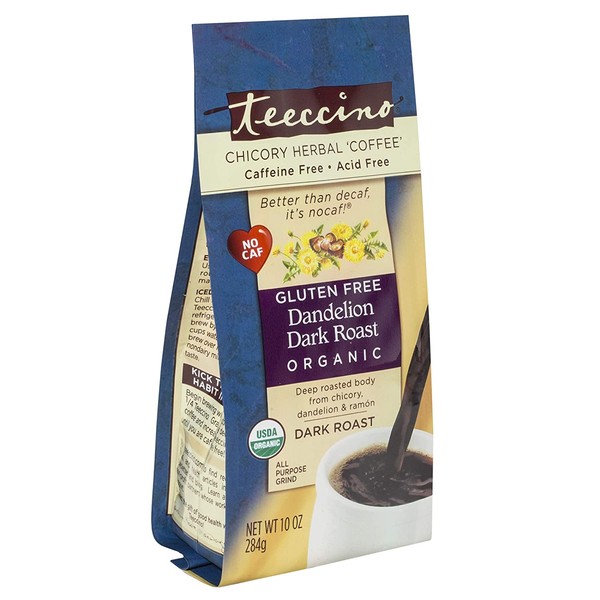 Teeccino Dandelion Herbal Coffee Alternative – Dandelion Dark Roast – Organic Dandelion Root, Prebiotic, Caffeine Free, Gluten Free, Acid Free, Ground Coffee Substitute, Dark Roast, 10 Ounce