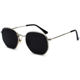 JCTAIFOO Fashion Polygon Sunglasses for Men and Women Lightweight Hexagonal Metal Frame UV400 Protection Glasses, Silver/dark grey, One Size