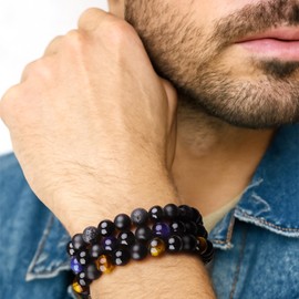 Black Beaded Bracelets for Men Boys: 8mm Black Onyx Tiger Eye Lava Rock Beads Mens Bracelet Set Mens Jewelry - Cool Anniversary Valentines Fathers Birthday Gifts for Him Boyfriend Husband Man Son Dad