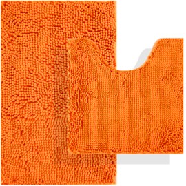 BOANKODU Bath Mat Sets 2 Piece, Soft Chenille Absorbent Non-Slip Mat, 32x20 U Shape + 20x20 Inch; Machine Washable (Orange)