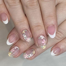 Press on Nails Short Almond Fake Nails Spring and Summer Shiny Flower and White French Tip Design Acrylic Nails Glue on Nails Fall Artificial Stick on Nails Wearable False Nails for Daily Nail Art